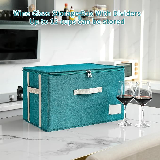 Stemware Storage Cases,Wine Glass Storage Box,with Dividers,Holds 12 Red or White Wine Glasses, Durable Glassware Storage Containers for Crystal or Stemware (Green white, Stemware storage cases)