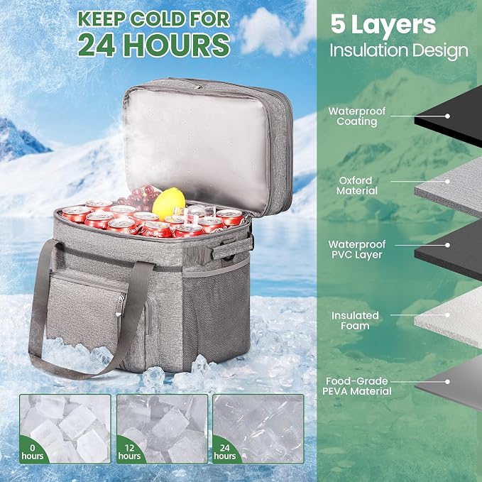 MIYCOO Cooler Bag with Expandable Double Deck, 60 Can Leakproof Cooler | Insulated Portable Soft Lunch Cooler, Extra Large Ice Chest Cooler for Beach, Picnic, Camping, Shopping (Gray)