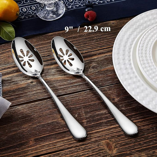 KEAWELL Premium Verona 4-Piece 9 inch Spoon Set – 18/10 Stainless Steel, Heavy-Duty Mirror-Finished Flatware for Daily Meals, Hosting and Special Occasions (4, Serving Spoons and Slotted Spoons)