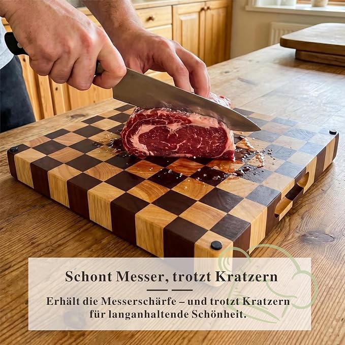 Checkered End Grain Butcher Block Cutting Board | 13" x 13" x 1.5" Thick | Acacia & Rubber Wood | Reversible | Heavy Duty Food Prep & Serving