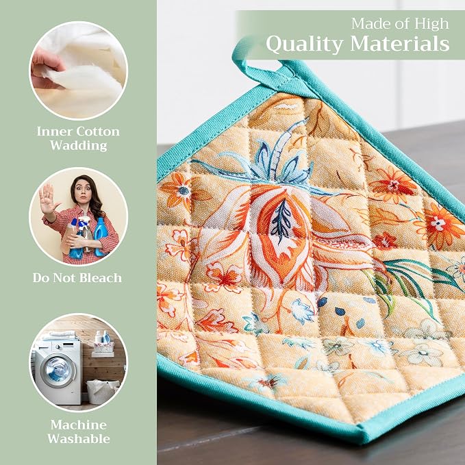 Maison d' Hermine Pot Holders 100% Cotton Potholders (8" x 8", Pack of 1) | Heat Resistant Hot Pads with Loop BBQ Cooking Baking Farmhouse Kitchen Handling Hot Pans Spring Summer - Luxury Loft - Peach