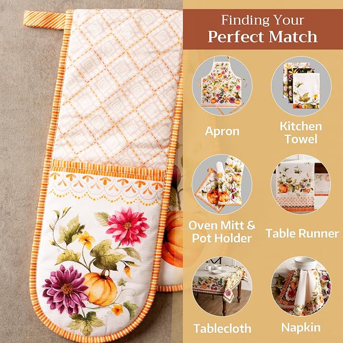 Maison d' Hermine Double Oven Mitts 100% Cotton Double Oven Glove (7"x35") | Heat Resistant Cooking Gloves with Loop Baking Kitchen Home Farmhouse Thanksgiving Christmas - Pumpkin Garden - Cloudy Cream