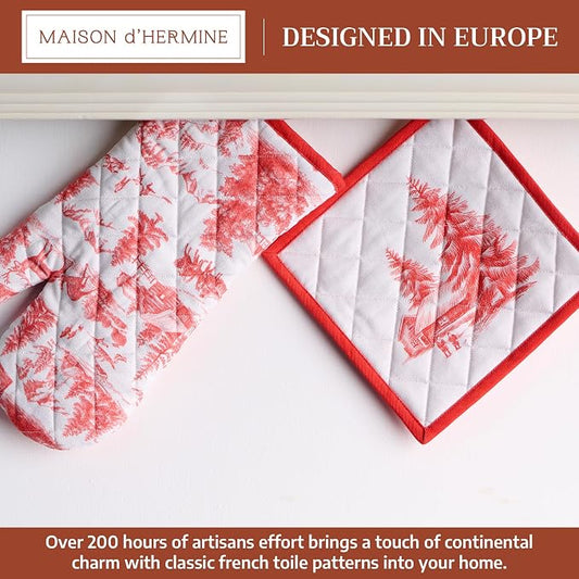 Maison d' Hermine 100% Cotton Oven Mitt & Pot Holder Set (7.5"x13" & 8"x8") | Heat Resistant BBQ Cooking Gloves with Loop Baking Grilling Kitchen Hotel Home Farmhouse Thanksgiving Christmas - Winter Jouy