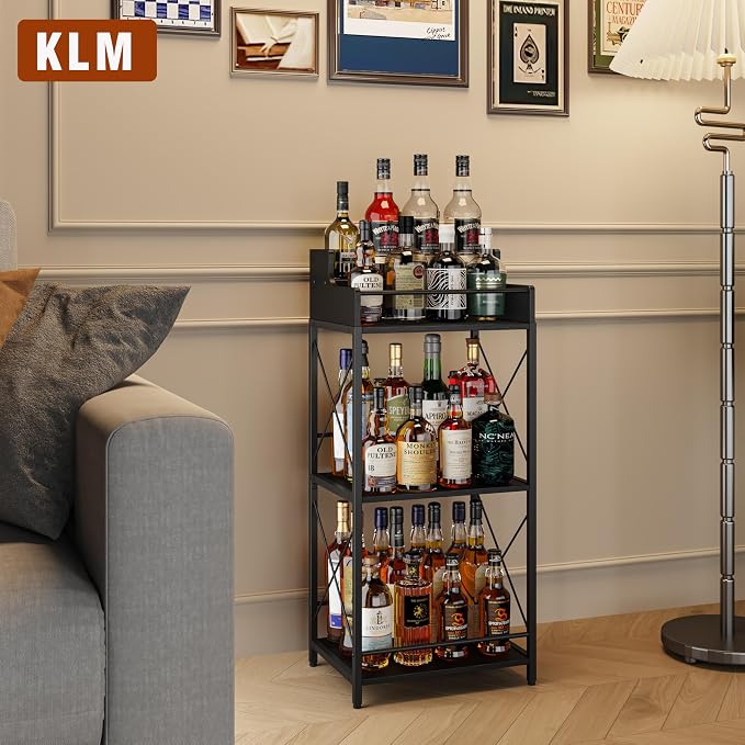 KLM Liquor Bottle Display Shelf, Liquor Cabinet bar for Home, 4 Step Liquor cabinetck, Mini bar,Liquor Cabinet, Home Retro Bar Shelf Stand for Liquor Whiskey, Spirits.(Black