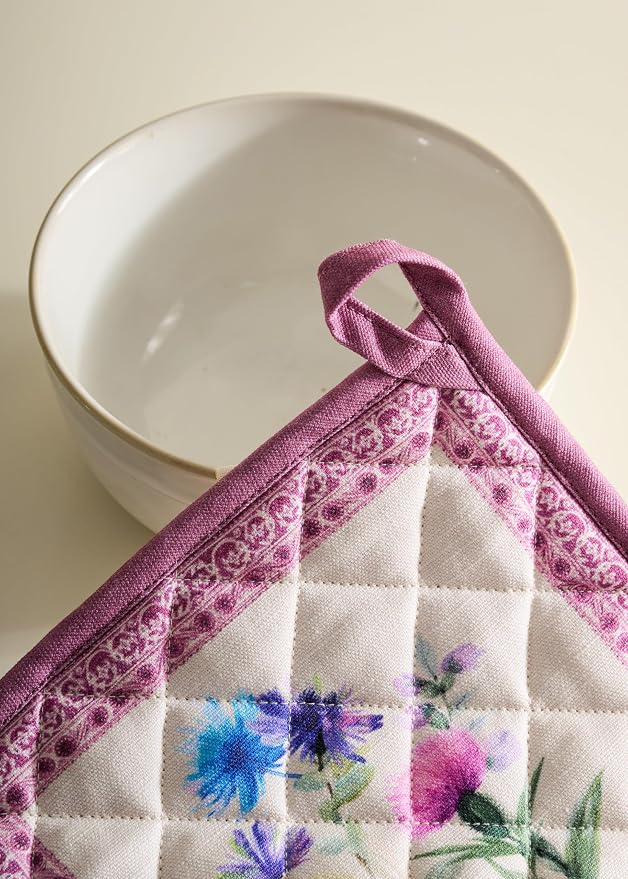 Maison d' Hermine Pot Holders 100% Cotton Potholders (8" x 8", Pack of 2) | Heat Resistant Hot Pads with Loop BBQ Cooking Baking Farmhouse Kitchen Handling Hot Pans Spring Summer - Chardon