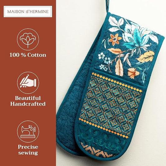 Maison d' Hermine Double Oven Mitts 100% Cotton Double Oven Glove (7"x35") | Heat Resistant BBQ Cooking Gloves with Loop Baking Kitchen Home Farmhouse Thanksgiving Christmas - Luxury Loft - Dark Teal