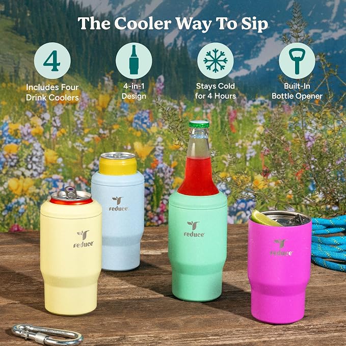 Reduce 4-in-1 Drink Cooler - Versatile Can & Bottle Holder with Vacuum Insulation-Keeps Drinks Cold Up to 4 Hours-Includes Bottle Opener-Fits Cupholders & Dishwasher Safe- 14oz - Leisure Hour - 4 Pack