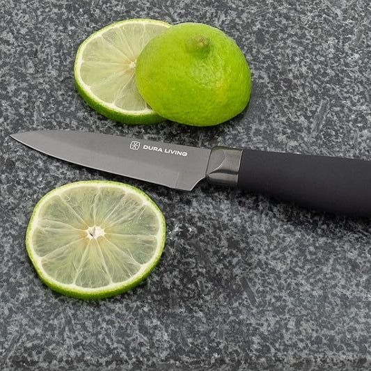 DURA LIVING Paring Knife - 3.5 Inch Black Nonstick Titanium Plated Stainless Steel Ultra Sharp Blade, With Ergonomic Comfort Grip Handle Kitchen Knife, With Matching Sheath