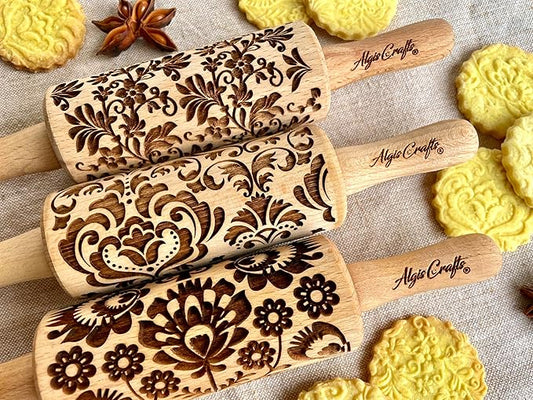 FLOWERS 3 Kid Rolling Pin Set with Damask, Folk and Floral Wreath Patterns. Wooden Laser Cut Mini Rolling Pins for Cookies, Play Dough, Salt Dough or Clay by Algis Crafts