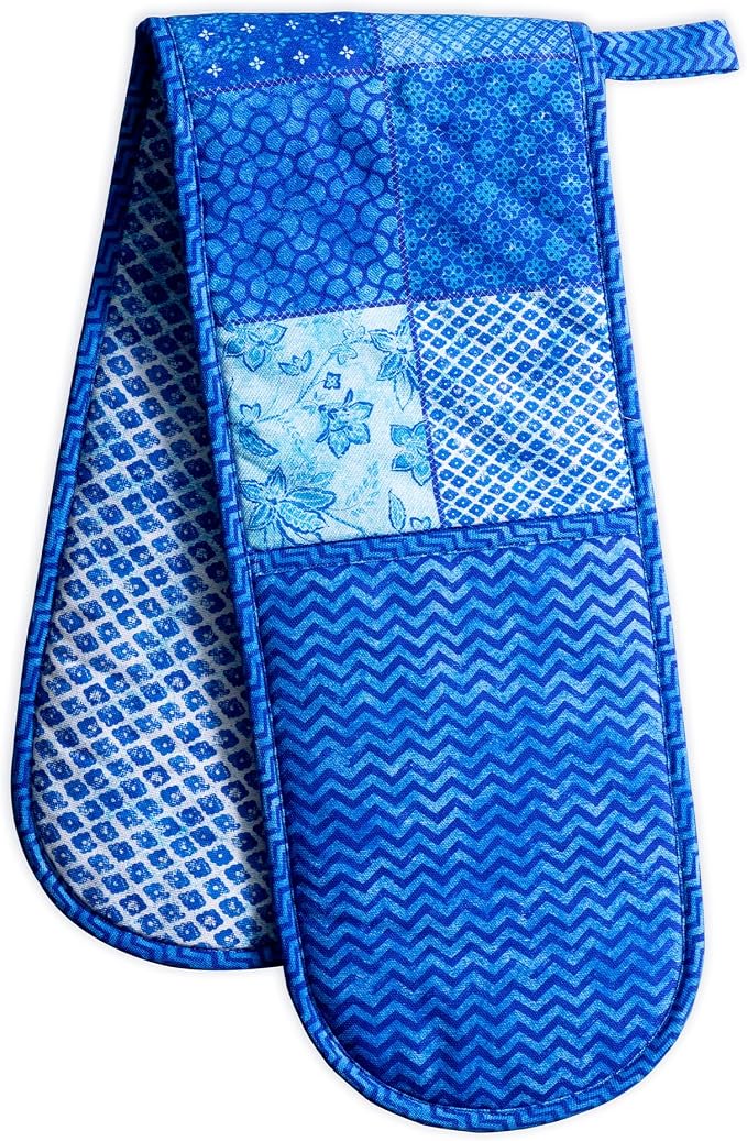 Maison d' Hermine Double Oven Mitts 100% Cotton Double Oven Glove (7"x35") | Heat Resistant BBQ Cooking Gloves with Loop Baking Grilling Kitchen Hotel Home Farmhouse Spring Summer - Indigo Love