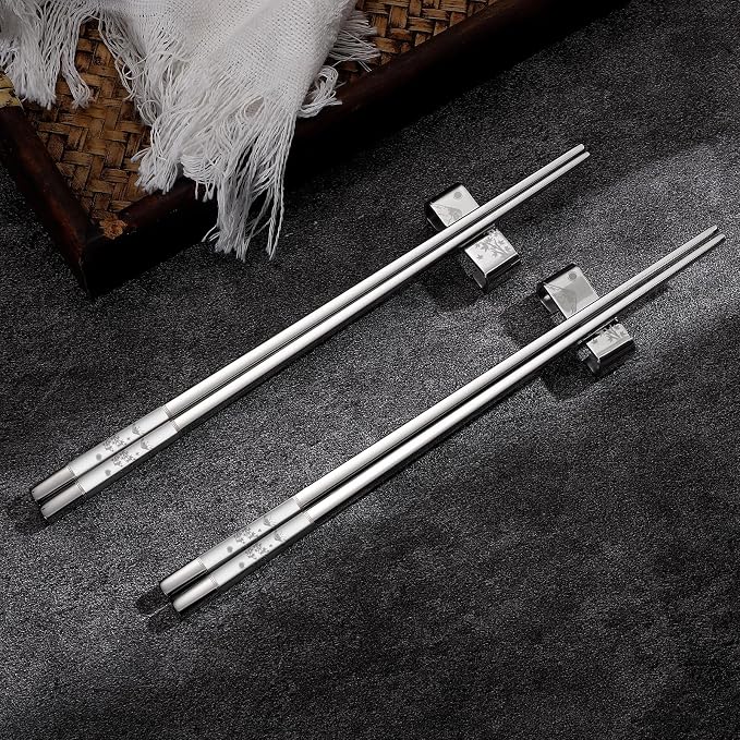 Metal Chopsticks Reusable 2 Pairs Titanium Plated 18/8 Stainless Steel Chopsticks with Holder, Dishwasher Safe Non-Slip Japanese Style Laser Engraved Chop Sticks Gift Set (Silver)