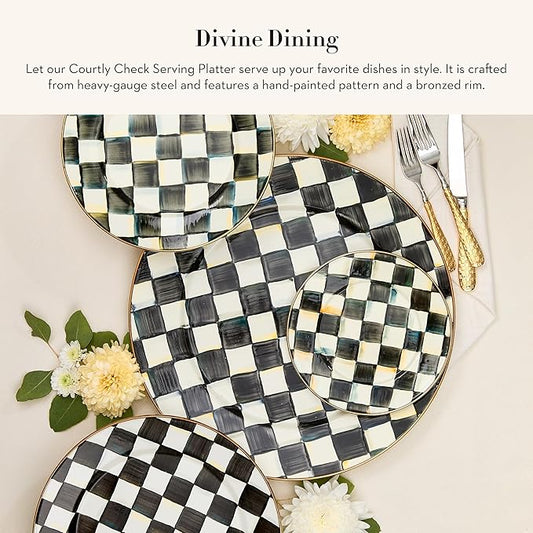 MACKENZIE-CHILDS Enamel Serving Platter, Decorative Serving Platter for Food, 16 Inches, Black-and-White Courtly Check