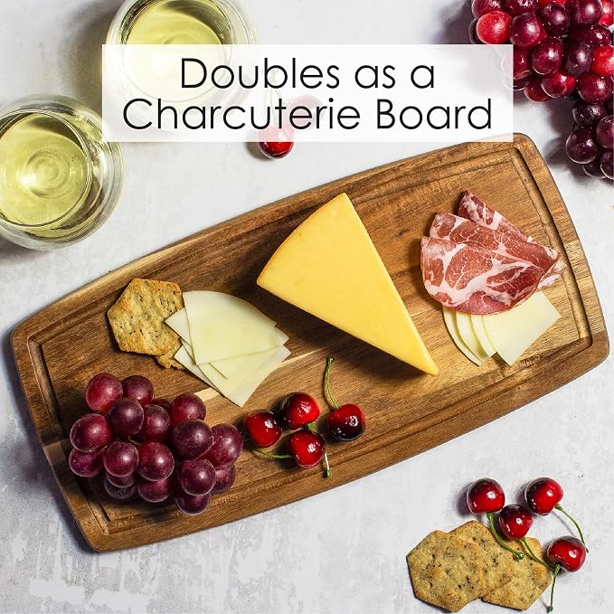 TB Home Acacia Wood Cutting Board with Juice Groove, Wooden Chopping Board for Kitchen, 14” x 7” x 5/8”