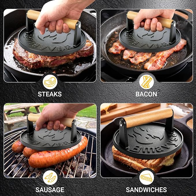 Heavy Duty Cast Iron Smash Burger Grill Press with Wooden Handle | Non-stick & Rust Resistant, Ideal Burger Smasher for Hamburgers, Bacon, Steak, Sandwiches and Beef on Grill & Griddle