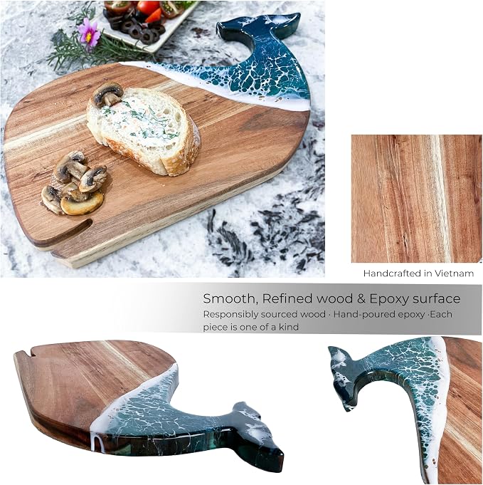Whale Serving Board - Acacia Wood with Ocean-Inspired Epoxy (15" x 7.9"), Cute Charcuterie Cheese Tray, Unique Kitchen Décor, Cutting Board Gift for Women, Home or Party Use