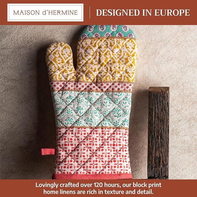 Maison d'Hermine Oven Gloves 100% Cotton Oven Mitt (7" x 13", Pack of 1) | With Loop Heat Resistant BBQ Cooking Gloves Baking Grilling Kitchen Handling Hot Pans Spring Summer - Provence
