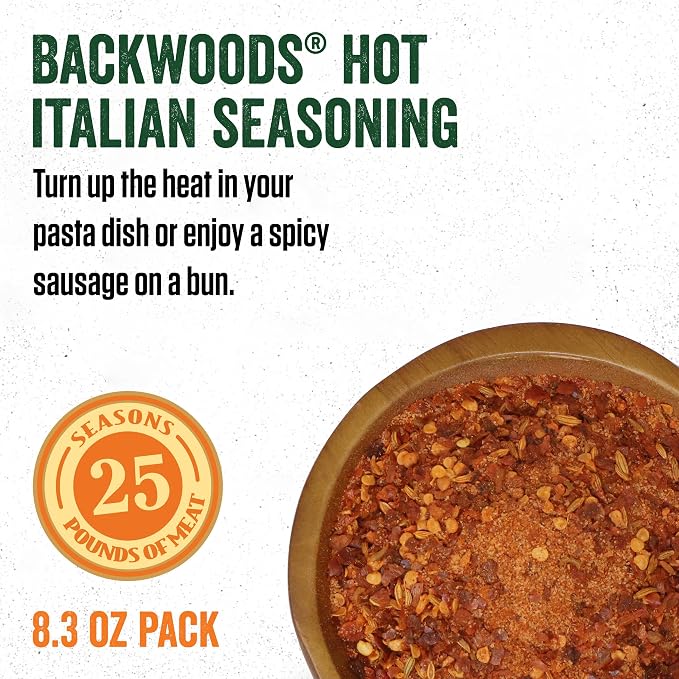 LEM Products Backwoods Hot Italian Fresh Sausage Seasoning, 8.3 oz Packet | Pre-Measured Seasoning for Wild Game and Domestic Meat, Seasons Up to 25 Pounds of Meat for Homemade Patties and Sausages