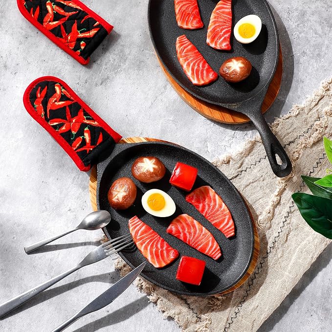 Lallisa 4 Sets Cast Iron Fajita Plate Set Fajita Plate Pan with Wooden Tray Anti Scald Protection Hot Mitt Cast Iron Skillet Set for Home Barbecue Kitchen Party Restaurant Catering Service