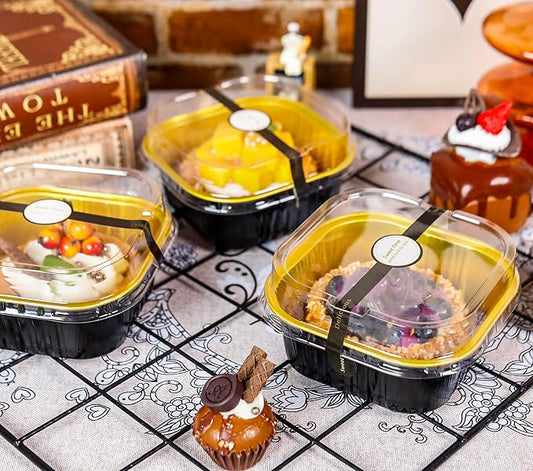 50 Pcs Mini Square Baking Cups with Lids and Spoons Aluminum Foil Mini Cake Pans with Lids Disposable Ramekins Cake Pans Dessert Cups for Wedding Birthday Party(Black Gold,10oz)