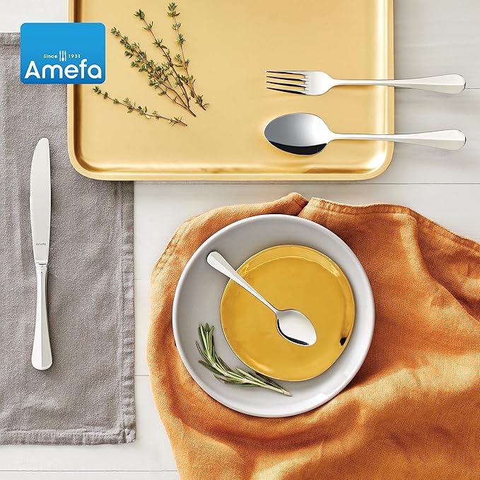 Amefa 45-Piece Silverware Flatware Cutlery Set Service for 8, Durable 18/10 Stainless Steel High Gloss Mirror Finish, tableware in Ergonomic Design Size and Weight, Dishwasher Safe (Baguette)