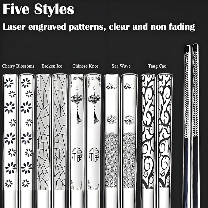 Metal Chopsticks Reusable 5 Pairs 18/8 Stainless Steel chop sticks silver | Dishwasher Safe,Non-Slip Grip,Good for Beginners,SUS304 Resistant to Rust,Square,Lightweight 9.25''