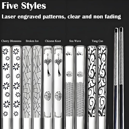 Metal Chopsticks Reusable 5 Pairs 18/8 Stainless Steel chop sticks silver | Dishwasher Safe,Non-Slip Grip,Good for Beginners,SUS304 Resistant to Rust,Square,Lightweight 9.25''