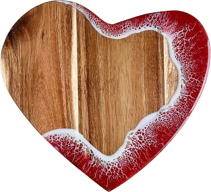 Heart Serving Board - Acacia Wood with Epoxy (11.8" x 10.6"), Adorable Charcuterie Cheese Tray, Kitchen Gift Idea, Cute Cutting Board for Women, Valentine Gift, Housewarming Present
