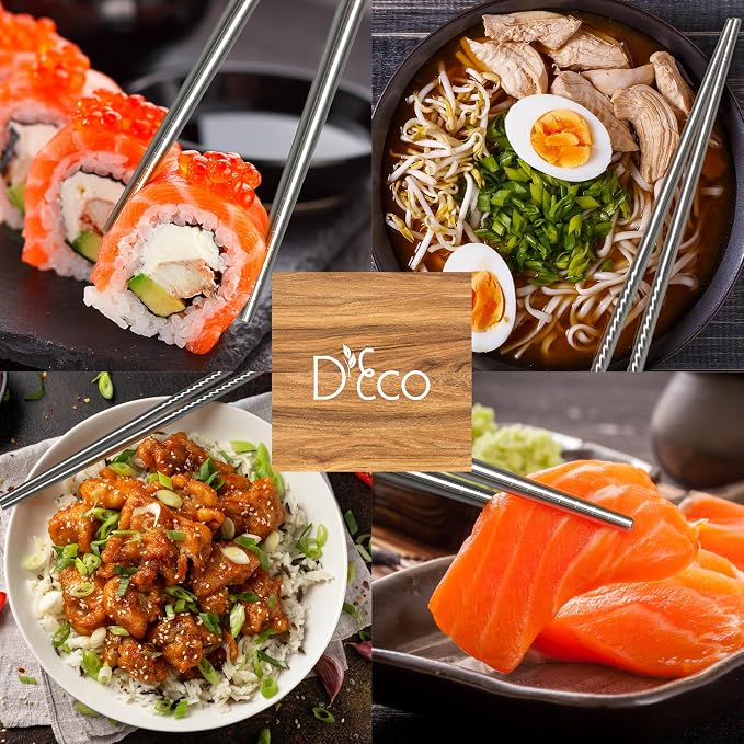 D'Eco Reusable Metal Chopsticks (8 Pairs)- Stainless Steel Twist Apart Silver Chopsticks & Travel Pouch- Lightweight, Durable, Dishwasher Safe- Great for Chinese Japanese Cuisine- On the Go Silverware