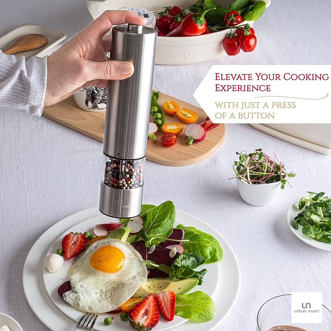 Urban Noon Electric Salt and Pepper Grinder Set (2 Mills, 8.1" Tall) - One-Handed Push-Button Mills with LED Light, Adjustable Ceramic Coarseness, Gift-Ready Box, 1-Year Warranty - Black