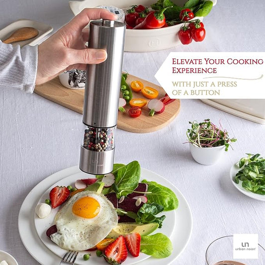 Urban Noon Electric Salt and Pepper Grinder Set (2 Mills, 8.1" Tall) - One-Handed Push-Button Mills with LED Light, Adjustable Ceramic Coarseness, Gift-Ready Box, 1-Year Warranty - Black