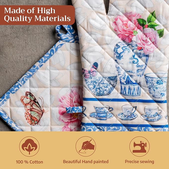 Maison d' Hermine 100% Cotton Oven Mitt & Pot Holder Set (7.5"x13" & 8"x8") | Heat Resistant BBQ Cooking Gloves with Loop Baking Grilling Kitchen Hotel Home Farmhouse Spring Summer - Canton