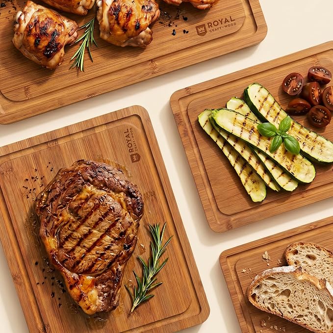 ROYAL CRAFT WOOD Wooden Cutting Boards for Kitchen Meal Prep & Serving - Bamboo Non Toxic Cutting Board Set with Deep Juice Groove Side Handles - Charcuterie & Chopping Butcher Block for Meat (4 Pcs)