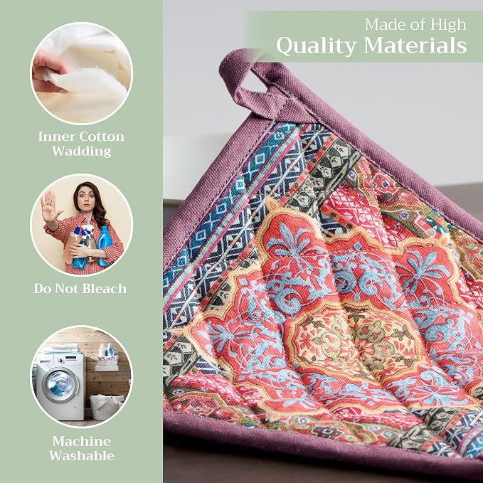 Maison d' Hermine Pot Holders 100% Cotton Potholders (8" x 8", Pack of 2) | Heat Resistant Hot Pads with Loop BBQ Cooking Baking Hotel Kitchen Handling Hot Pans Thanksgiving Christmas - Ispahan