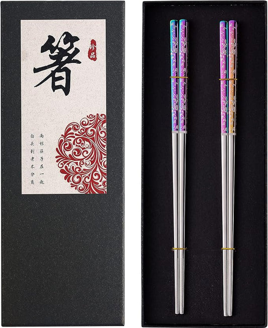Metal Chopsticks Reusable Dazzling Rainbow Stainless Steel Chopsticks Titanium Plated Dishwasher Safe Fancy Laser Engraved Korean Japanese Chop Sticks Multicolor 2 Pairs Gift Set