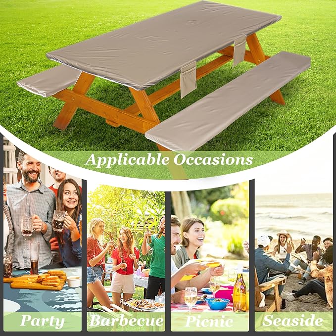 Wrakus Picnic Table Cover with Bench Covers Vinyl Elastic Edges Fitted Rectangle Seat Tables Waterproof 3-Piece96X30in Set Outdoor Rectangular Folding Backing Tablecloth for Camping Over Size
