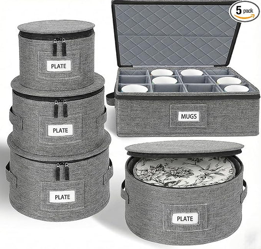 Cirhy China Storage Containers 5-Piece Set - Reinforced Hard-Sided Moving Boxes for Dinnerware, Fine China, Stemware & Mugs - Sturdy Quilted Dish Packing Protectors with Dividers (Service for 12)
