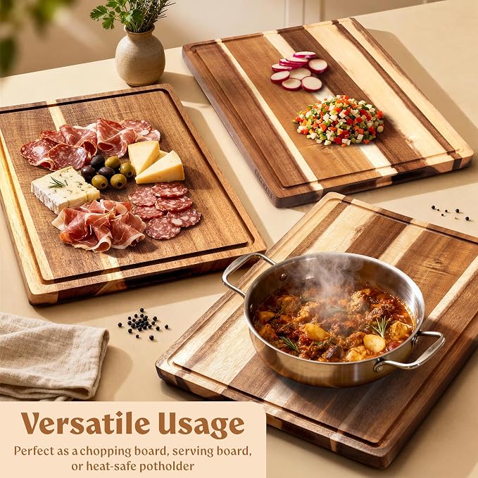 Extra Large Acacia Wood Cutting Board 17x13, Juice Groove | Non Toxic Wooden Chopping Boards, Knife Friendly, Large Kitchen Boards for Meat, Cheese, Charcuterie & Serving