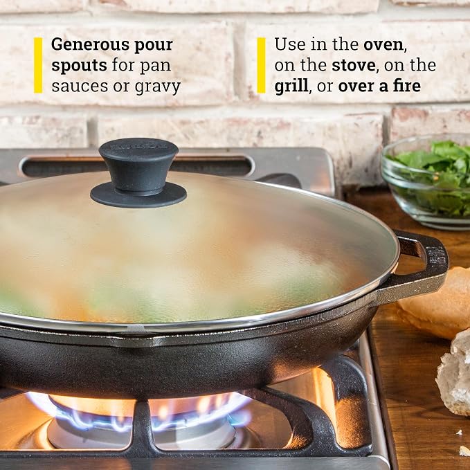 Lodge 12 Inch Cast Iron Everyday Pan - Chef Collection - Use on Oven, Stove, Grill, or Fire - Easy to Clean - Cast Iron Pan with Lid - Durable Cookware