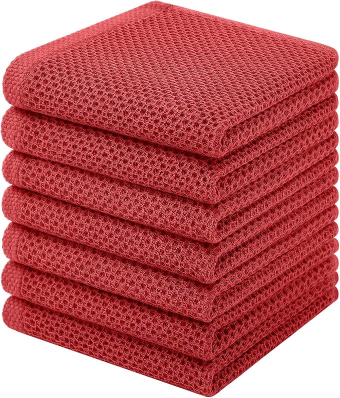 Homaxy 100% Cotton Waffle Weave Kitchen Dish Cloths, 7-Pack, Brick Red | 12 x 12 Inches, Ultra Soft Absorbent Dish Towels, Quick Drying Dish Rags with Hanging Loop