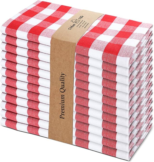 Urban Villa Cloth Dinner Napkins Set of 12 100% Cotton Red White Checks Highly Absorbent Washable Reusable Durable Ideal for Home Farmhouse Party Wedding Everyday Use