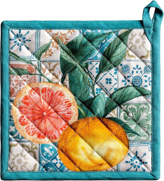 Maison d' Hermine Pot Holders 100% Cotton Potholders (8" x 8", Pack of 1) | Heat Resistant Hot Pads with Loop BBQ Cooking Baking Farmhouse Kitchen Handling Hot Pans Spring Summer - Agrume
