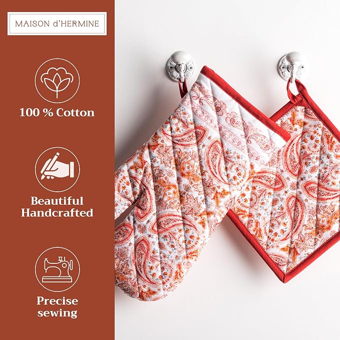 Maison d' Hermine 100% Cotton Oven Mitt & Pot Holder Set (7.5"x13" & 8"x8") | Heat Resistant BBQ Cooking Gloves with Loop Baking Grilling Kitchen Hotel Home Farmhouse Thanksgiving Christmas - Orient