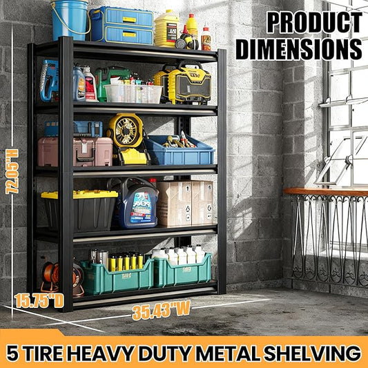 72" H Garage Shelving, Heavy Duty Storage Shelves, Garage Storage Shelves, Adjustable 5 Tier Metal Shelving Unit, Utility Shelves for Warehouse Backyard, 72" H×36" W×16" D