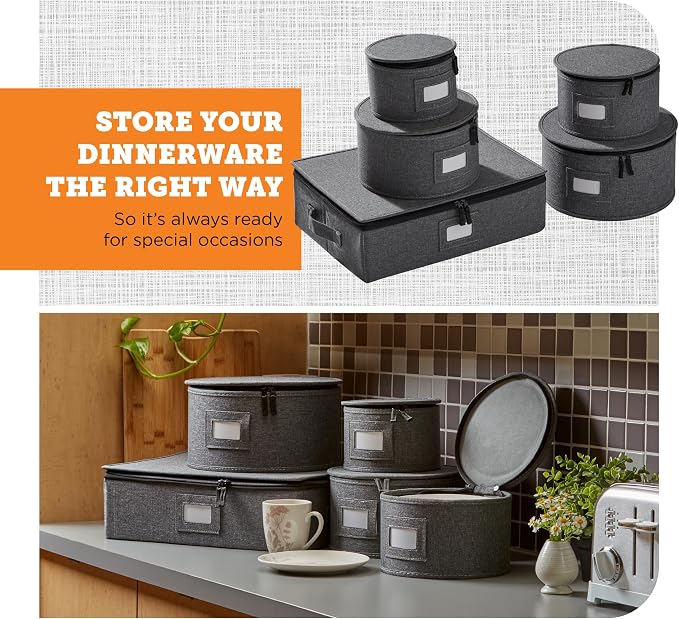 storageLAB 5-Piece Premium China Storage Set | Plates & Mugs | Gray | Full china set for 12 - 4 plate cases + mug case, flip-top lid. Hard shell, felt dividers, stackable, easy access.