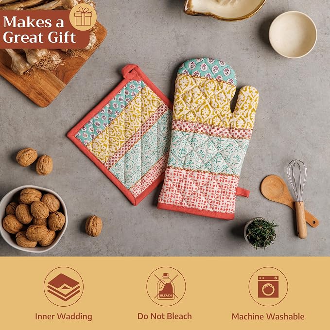 Maison d'Hermine Oven Gloves 100% Cotton Oven Mitt (7" x 13", Pack of 1) | With Loop Heat Resistant BBQ Cooking Gloves Baking Grilling Kitchen Handling Hot Pans Spring Summer - Provence