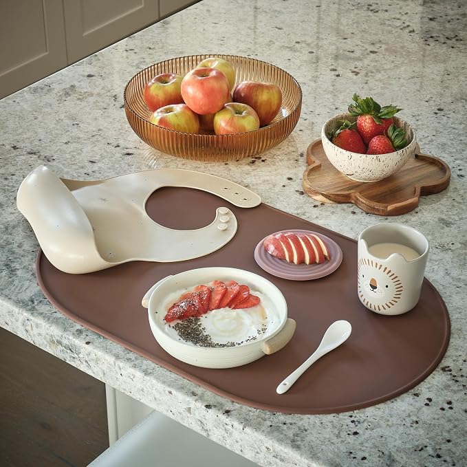 LINE+ARC Oval Silicone Degrē Placemats, Rose (20.5"x13", Set of 2) | Modern dining table mats with 3mm raised spill rim, waterproof, heat-safe, stain-resistant, non-slip design, pink