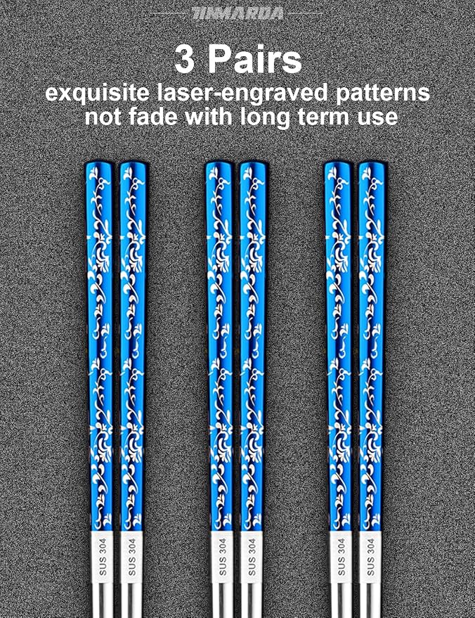 TINMARDA Metal Chopsticks Reusable, 3 Pairs Non-Slip Chop Sticks Reusable Dishwasher Safe, Titanium Plated Stainless Steel Chopsticks Present Set (Blue Silver)