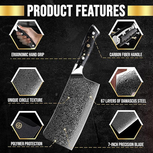 SliceElite Elite Series 7-Inch Damascus Bone Cutting Knife – VG10 Steel Blade with Forged Carbon Fiber Handle Infused with Gold Leaf, Sheaths Option (Bone Cutting Knife)