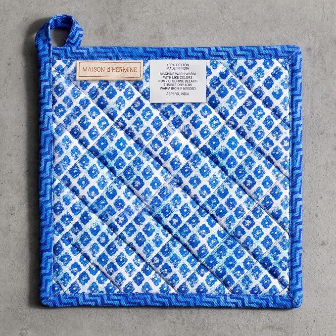 Maison d' Hermine Pot Holders 100% Cotton Potholders (8" x 8", Pack of 1) | Heat Resistant Hot Pads with Loop BBQ Cooking Baking Farmhouse Kitchen Handling Hot Pans Spring Summer - Indigo Love