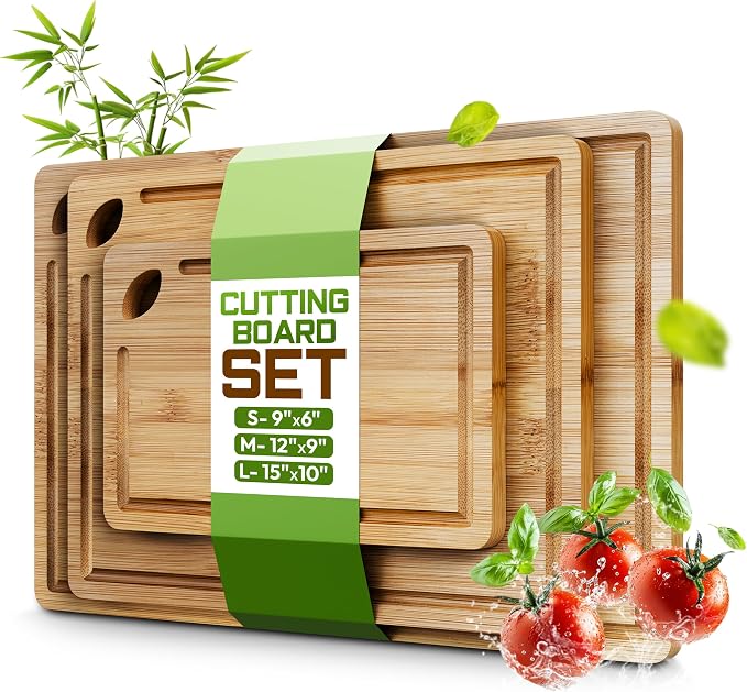Bamboo Cutting Board Set of 3 (15x10, 12x9, 9x6) – Extra-Thick, Deep Juice Groove Wood Cutting Boards – Knife-Friendly for Kitchen Prep, Carving & Charcuterie – Easy to Clean